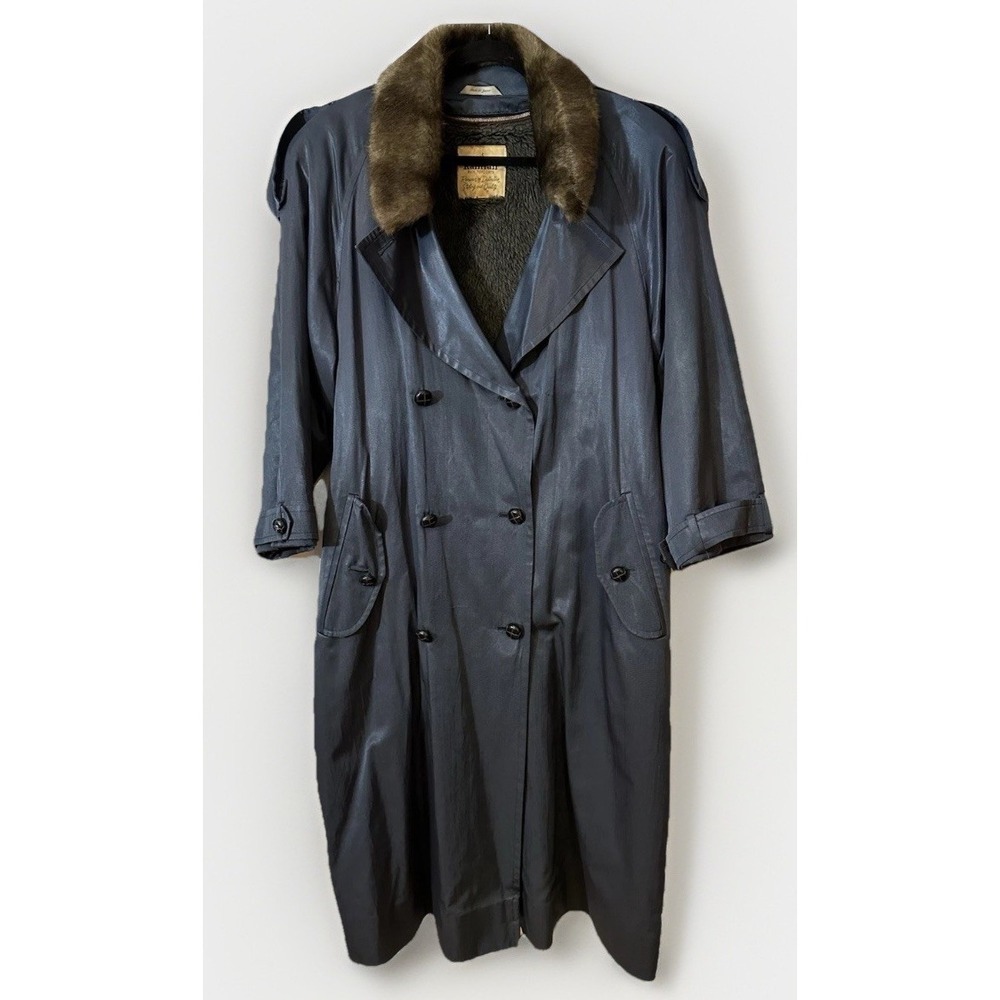 VTG Rainfair Rain Coat Overcoat Blue L/XL Zip Out Sherpa Lining 60s 70s Faux Fur